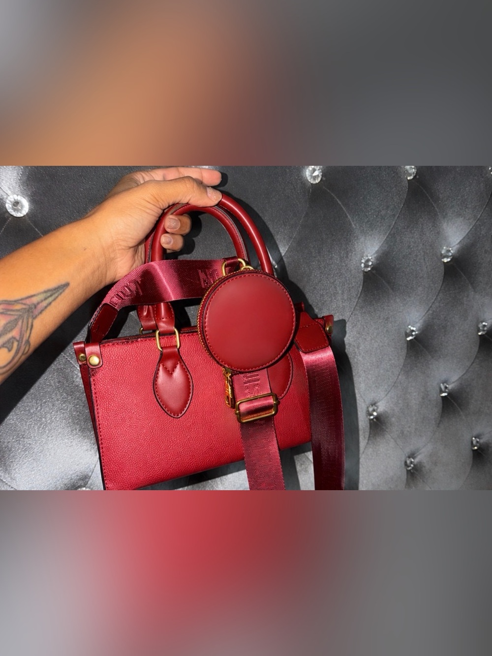 Red Structured Top-Handle Bag with Removable Strap and Coin Pouch